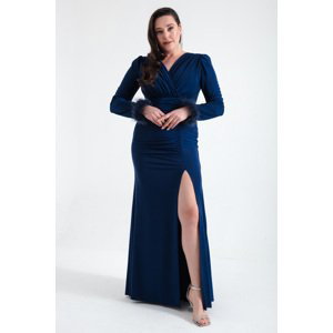 Lafaba Women's Navy Blue Double Breasted Collar Plus Size Evening Dress with Feather Slit on the Sleeves