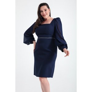 Lafaba Women's Navy Blue Square Neck Plus Size Midi Evening Dress