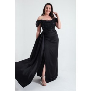 Lafaba Women's Black Boat Neck Stone Plus Size Long Evening Dress