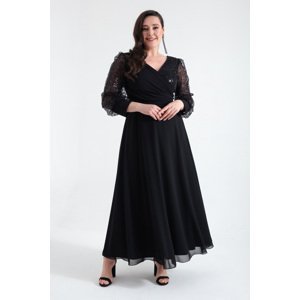 Lafaba Жіноча чорна вечірня сукня міді великих розмірів з рукавами з бісеру