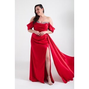 Lafaba Women's Red Boat Neck Slit Long Plus Size Satin Evening Dress