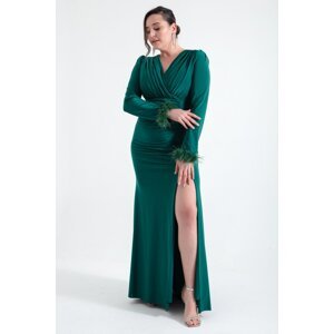 Lafaba Women's Emerald Green Double Breasted Collar Plus Size Evening Dress with Feather Slit on the Sleeves