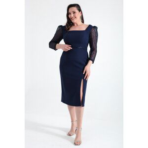 Lafaba Women's Navy Blue Square Neck Belted Midi Plus Size Evening Dress