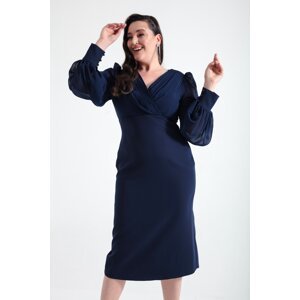 Lafaba Women's Navy Blue Double Breasted Neck Plus Size Evening Dress
