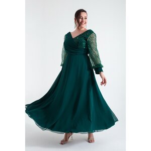 Lafaba Women's Plus Size Emerald Green Sleeves Beaded Midi Evening Dress