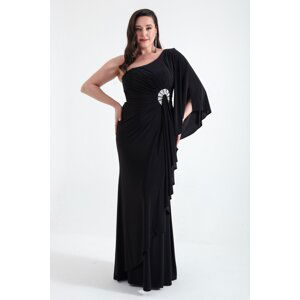 Lafaba Women's Black One-Shoulder Stone Detailed Long Evening Dress