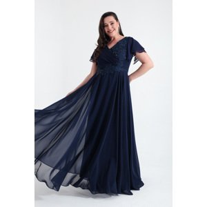 Lafaba Women's Navy Blue Double Breasted Stone Long Chiffon Evening Dress