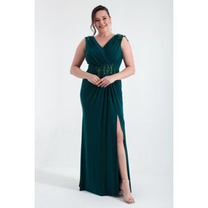 Lafaba Women's Emerald Green V-Neck Stone Detailed Plus Size Long Evening Dress