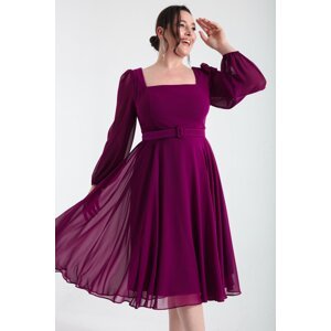 Lafaba Women's Damson Square Neck Belted Midi Chiffon Plus Size Evening Dress