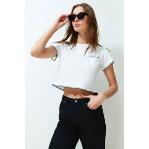 Trendyol White 100% Cotton Stitch Detail Regular Crop Knitted T-Shirt