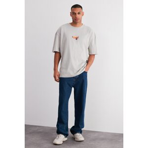 Trendyol Gray Men's Oversize Space Printed 100% Cotton T-Shirt
