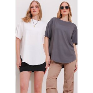Trend Alaçatı Stili Women's White Anthracite Crew Neck 2-Pack Oval Cut Modal T-Shirt