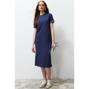 Trendyol Navy Blue Knitwear Band Detail Crew Neck Short Sleeve Stretchy Midi Knitted Maxi Dress