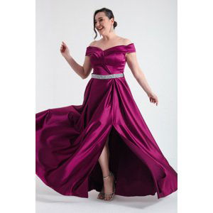 Lafaba Women's Damson Boat Neck Stoned Belted Plus Size Evening Dress