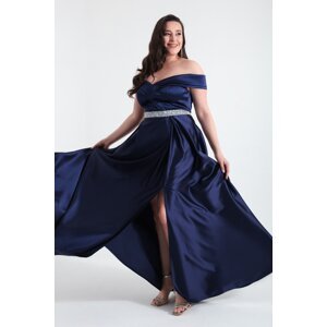 Lafaba Women's Navy Blue Boat Neck Stony Belted Plus Size Evening Dress