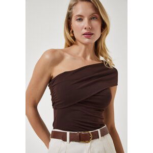 Happiness İstanbul Women's Brown One-Shoulder Gathered Knitted Blouse