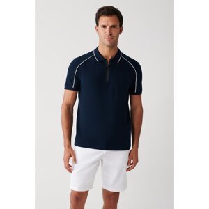 Avva Men's Navy Blue 100% Cotton Welt Shoulder Zipper Regular Fit Polo Neck T-shirt31y1127