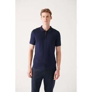 Avva Men's Navy Blue Polo Neck Zippered Rayon Standard Fit Regular Cut Knitwear T-shirt