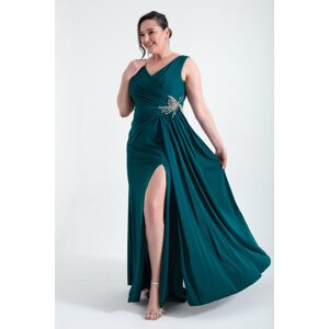 Lafaba Women's Emerald Green Double Breasted Neck Stone Plus Size Evening Dress