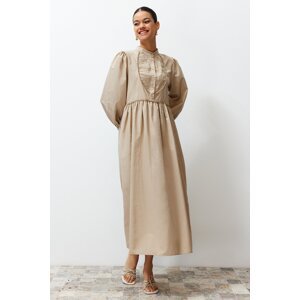 Trendyol Mink High Neck Balloon Sleeve Button and Piping Detailed Woven Dress