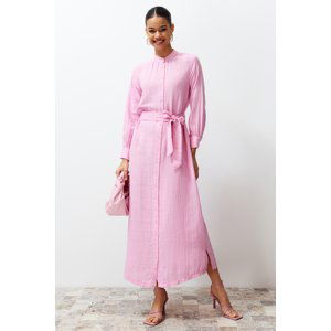 Trendyol Pink Judge Collar Belted Plain Woven Shirt Dress