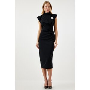 Happiness İstanbul Women's Black Elegant Brooch Gathered Wrap Knitted Dress