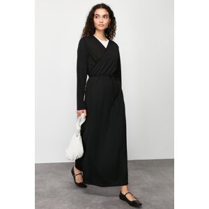 Trendyol Black Double Breasted Collar Belted Plain Knitted Prayer Dress