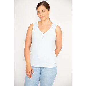 Şans Women's Blue Plus Size V-Neck Front Decorative Buttoned Camisole Fabric Sleeveless Blouse