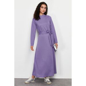 Trendyol Lilac Stand Collar Straight Belted Knitted Dress