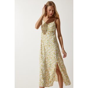 Happiness İstanbul Women's Cream Yellow Strappy Patterned Viscose Dress
