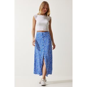 Happiness İstanbul Women's Blue Patterned Slit Viscose Skirt