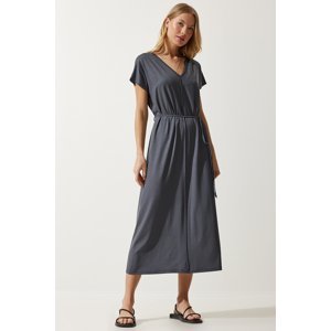 Happiness İstanbul Women's Anthracite Belted V Neck Viscose Dress