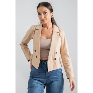 armonika Women's Beige Double Breasted Collar Gabardine Crop Jacket