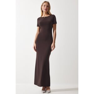 Happiness İstanbul Women's Brown Decollete Long Sandy Knitted Dress
