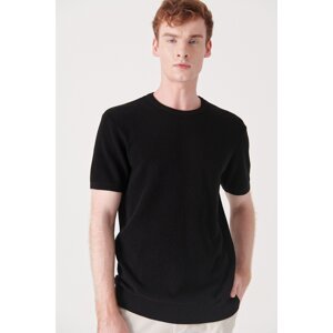 Avva Men's Black Crew Neck Textured Ribbed Standard Fit Regular Fit Knitwear T-shirt