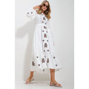Trend Alaçatı Stili Women's White Slit Neck Belted Embroidered Inner Lined Length Dress