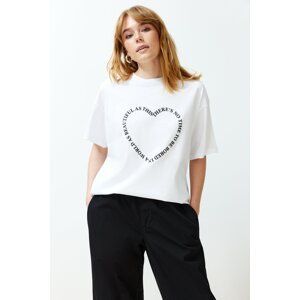 Trendyol White 100% Cotton Heart Motto Printed Oversize/Casual Fit Knitted T-Shirt