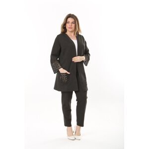 Şans Women's Plus Size Smoky Pocket And Arm Cuff Laser Cut Cardigan And Trousers Double Suit