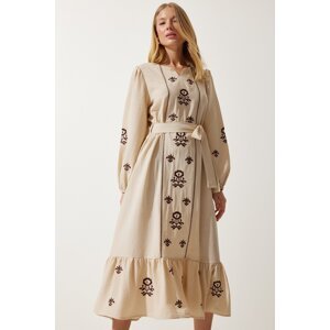 Happiness İstanbul Women's Beige Embroidered Linen Surface Long Woven Dress