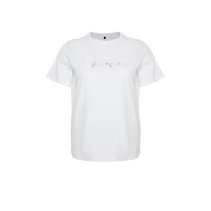 Trendyol Curve White Print and Embroidery Detail Boyfriend Knitted T-shirt
