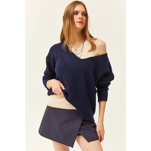 Olalook Women's Navy Blue Inner Blouse Outer V Neck Sweater Knitwear Suit
