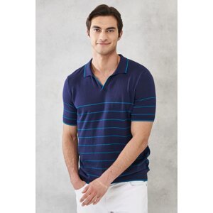 AC&Co / Altınyıldız Classics Men's Navy Blue Petrol Standard Fit Normal Cut 100% Cotton Polo Neck Knitwear T-Shirt.