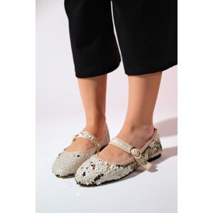 LuviShoes VESLA Beige Sequined Flat Women's Flat Shoes