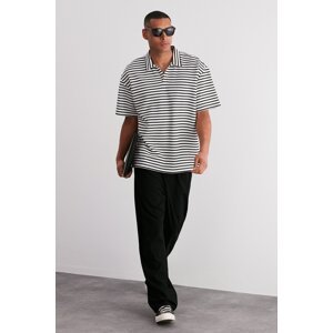 Trendyol Ecru Oversize/Cross-Fit Limited Edition Striped Textured Polo Neck T-shirt