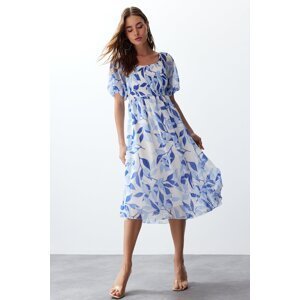 Trendyol Blue Waist Opening Square Collar Midi Woven Chiffon Lining Dress