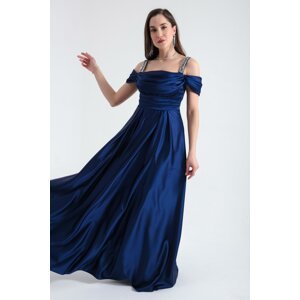 Lafaba Women's Navy Blue Stone Strap Draped Long Satin Evening Dress