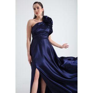 Lafaba Women's Navy Blue One-Shoulder Frilly Long Evening Dress