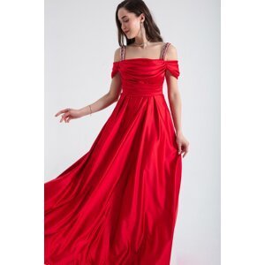 Lafaba Women's Red Stone Strap Draped Long Satin Evening Dress
