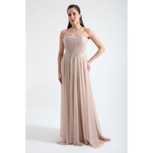 Lafaba Women's Beige Underwire Corset Silvery Long Evening Dress