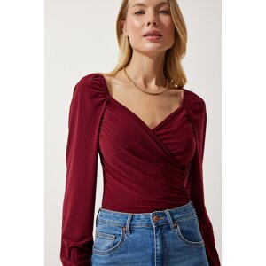 Happiness İstanbul Women's Burgundy Elastic Balloon Sleeve Sandy Knitted Blouse